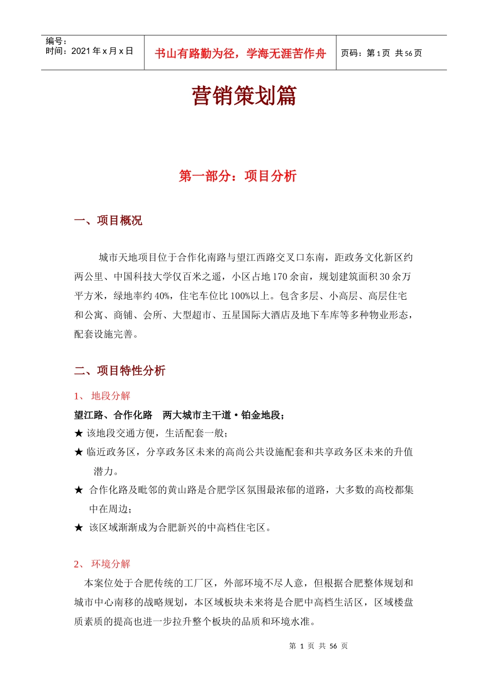 合肥市城市某项目营销策划方案_第1页