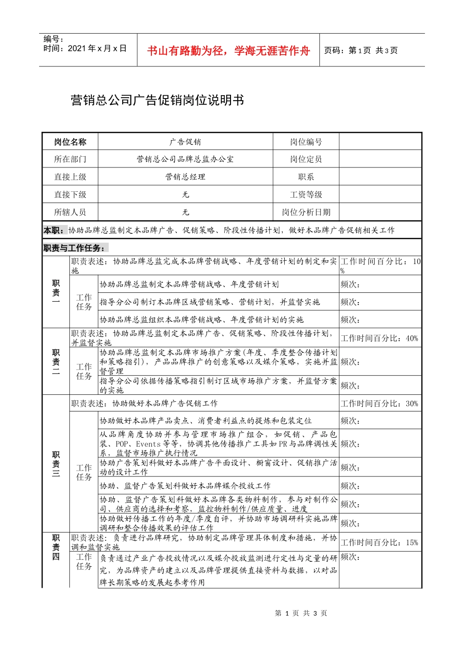 制鞋企业营销总公司广告促销岗位说明书_第1页