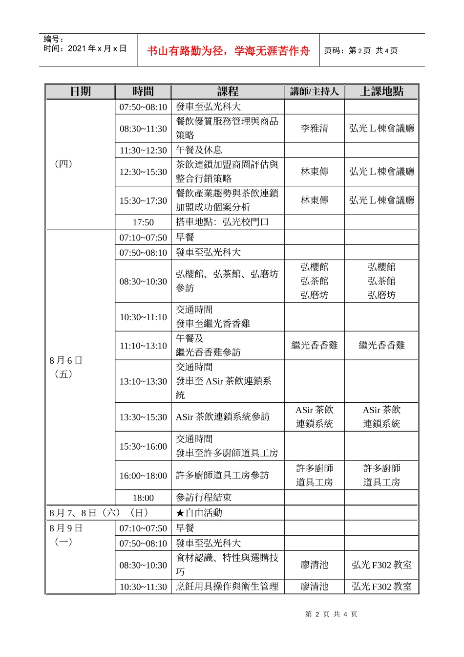 XXXX年茶饮简餐连锁加盟经营班预定课程表_第2页