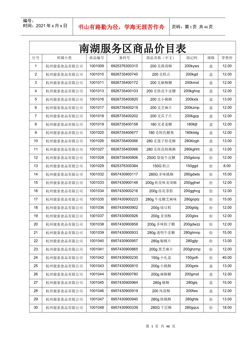 南湖服务区商品价目表_第1页