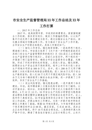 市安全生产监督管理局XX年工作总结及XX年工作打算