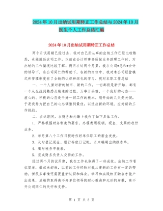 2024年10月出纳试用期转正工作总结与2024年10月医生个人工作总结汇编