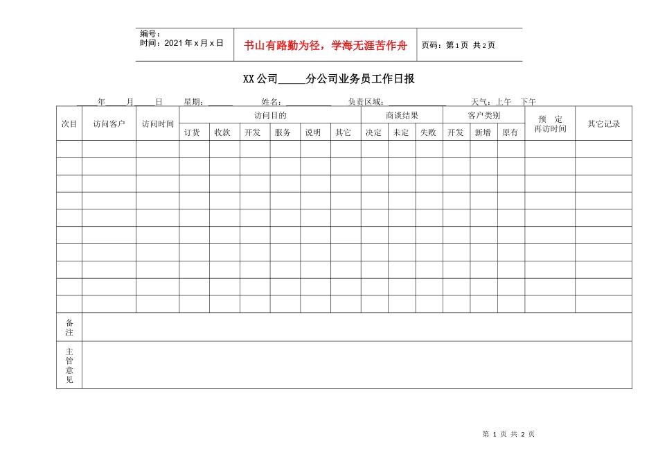 XX公司分公司业务员工作日报_第1页