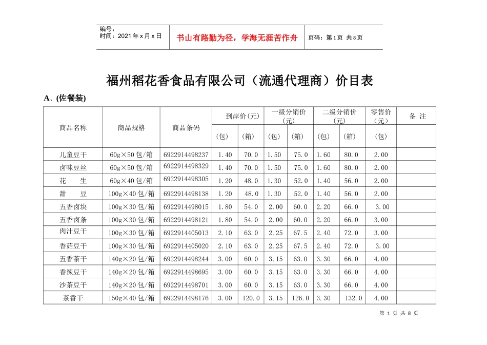XXXX年流通代理商(推荐)价目表_第1页