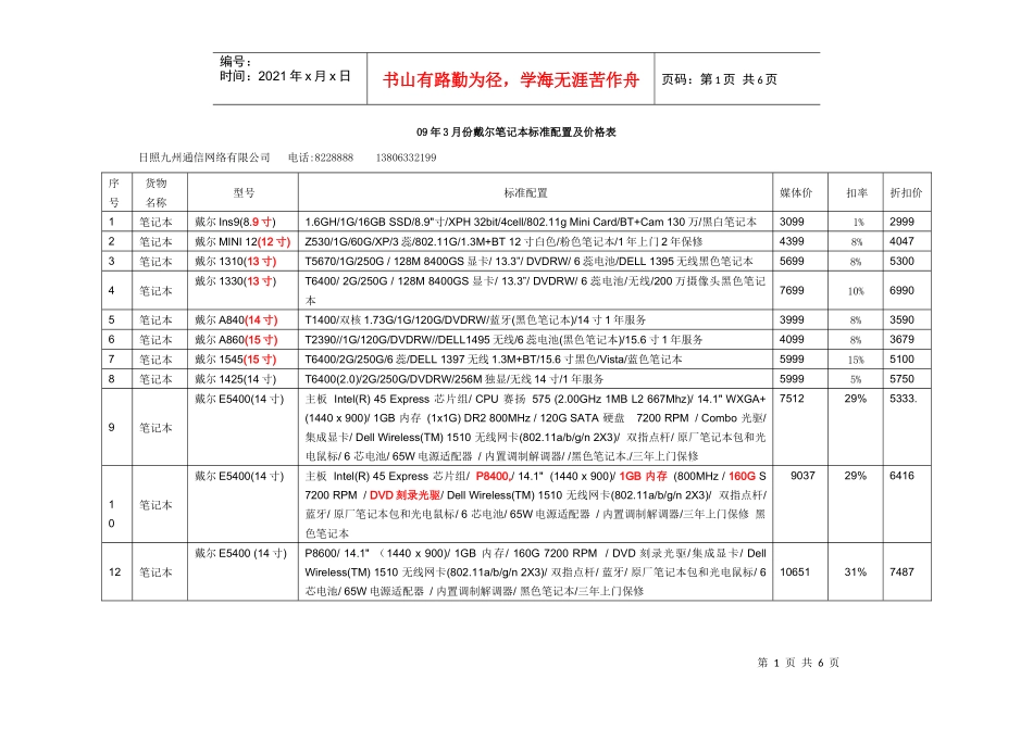 09年3月份日照九州戴尔笔记本标准配置及价格表doc-4_第1页
