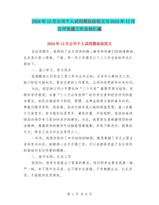 2024年12月公司个人试用期总结范文与2024年12月公司党建工作总结汇编