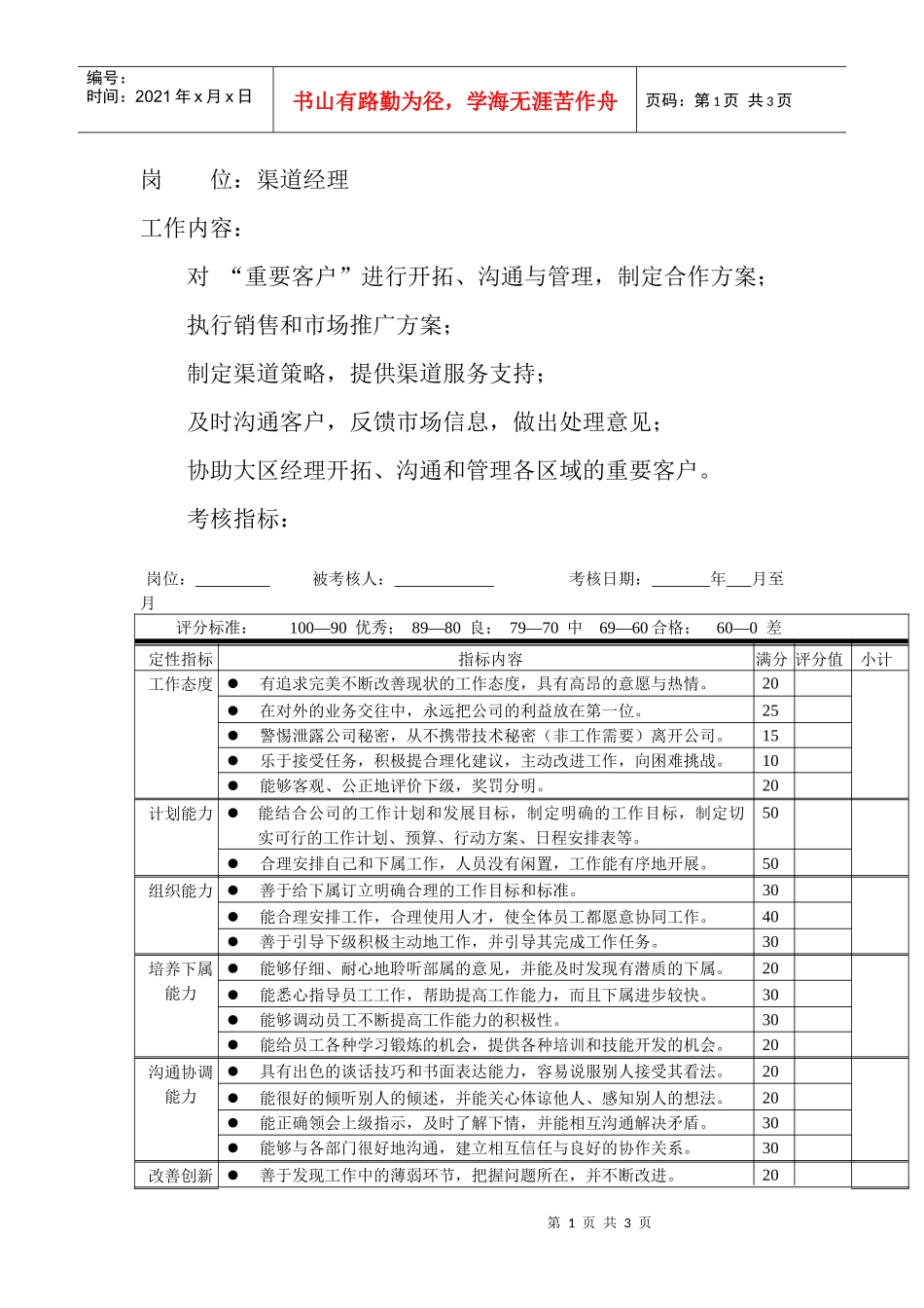 岗位工作内容和年度定性考核指-渠道经理_第1页