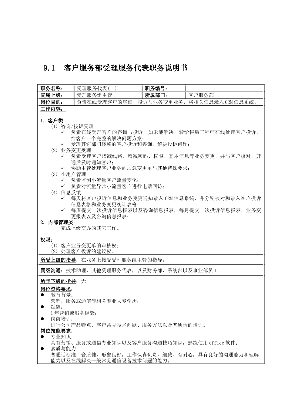 客户服务部受理服务代表岗位说明书_第1页