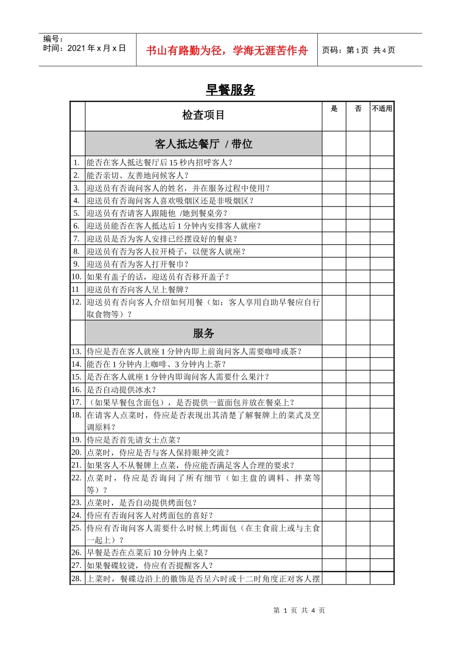 咖啡厅早餐服务考核表_第1页