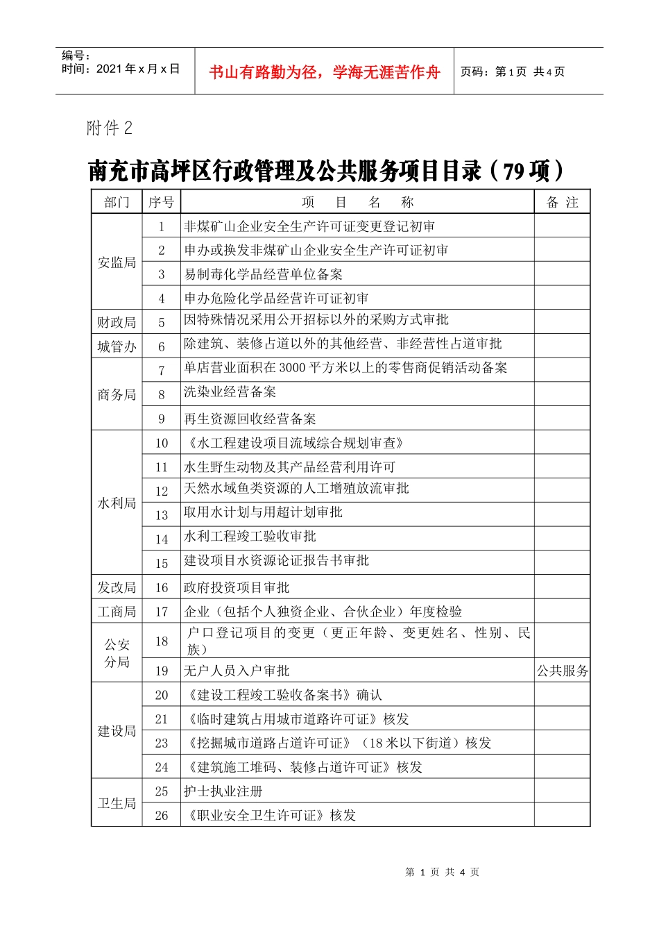 南充市高坪区行政管理及公共服务项目目录(79项)_第1页