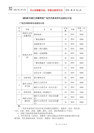 XXXX年浙江传媒学院广电艺术类本科专业招生计划