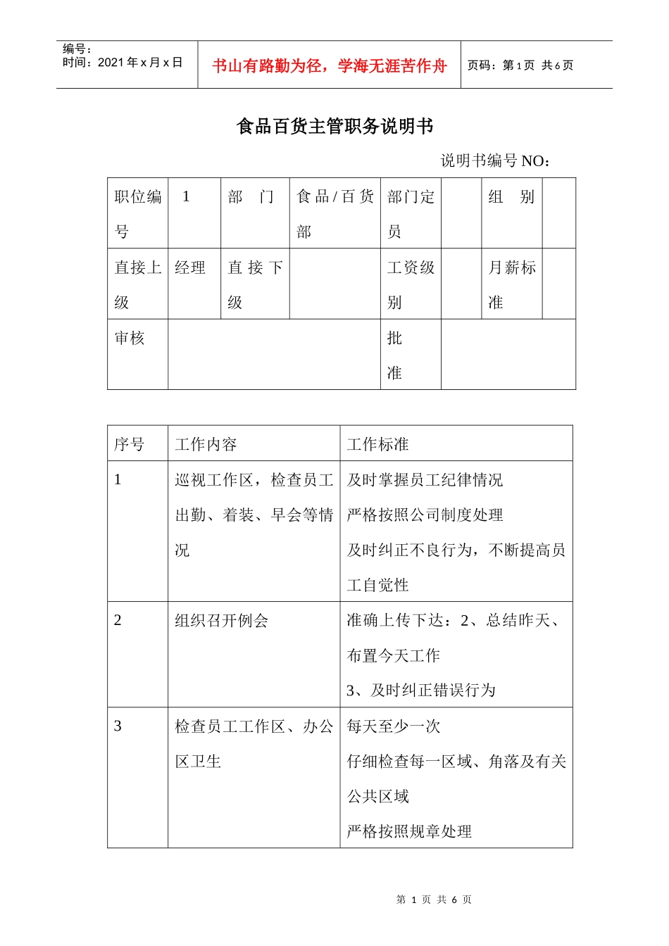 商场超市食品百货主管职务说明书_第1页
