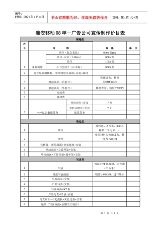 广告制作价目明细表