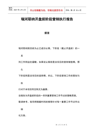 同致行-深圳瑞河耶纳地产项目开盘前阶段营销执行报告