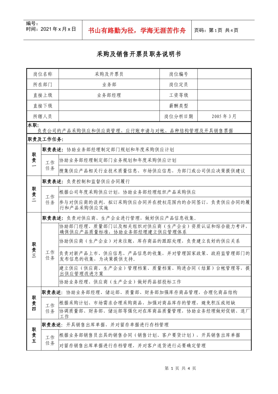 医药公司采购及销售开票员职务说明书_第1页