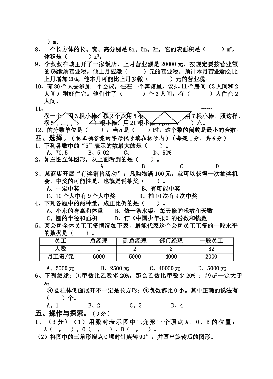 遂州外国语2013下期六年级适应性考试二数学试卷及答案 _第2页