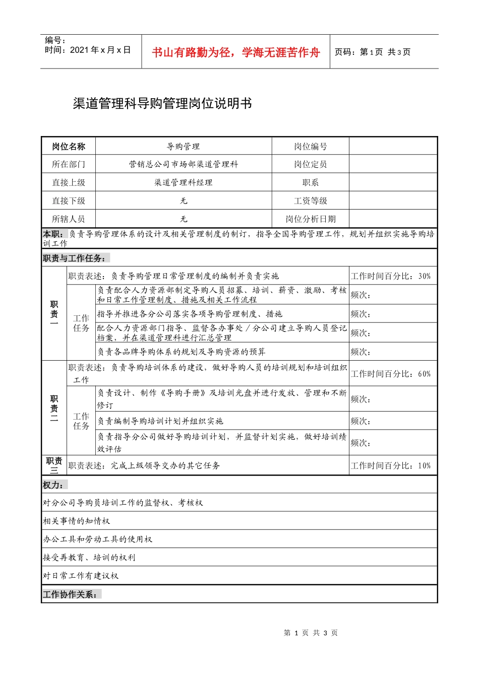 制鞋企业渠道管理科导购管理岗位说明书_第1页