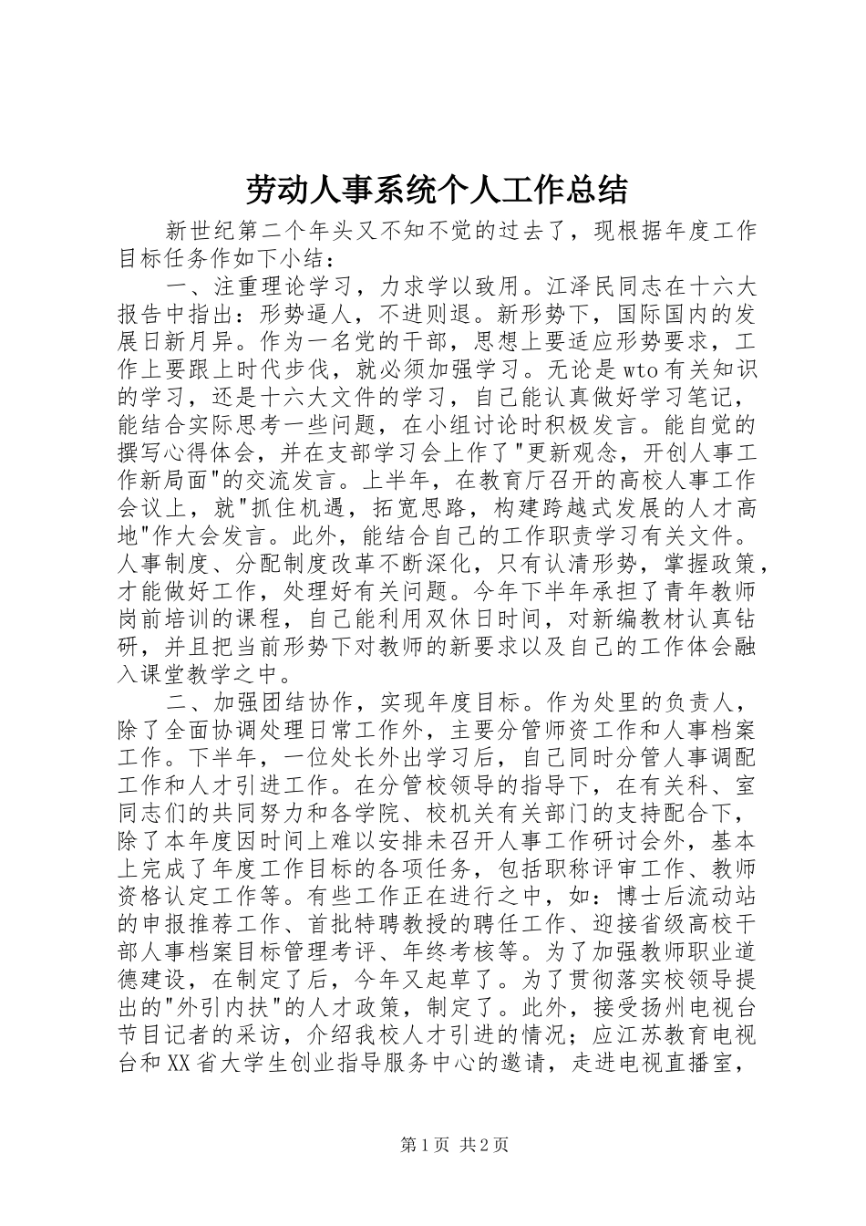 劳动人事系统个人工作总结_第1页