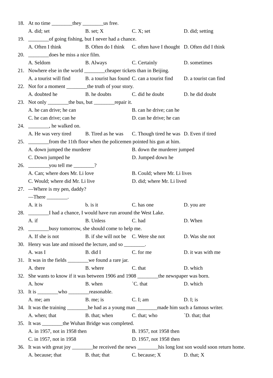 暑期初高中衔接英语语法专项练习XV倒装与it含答案2 _第2页