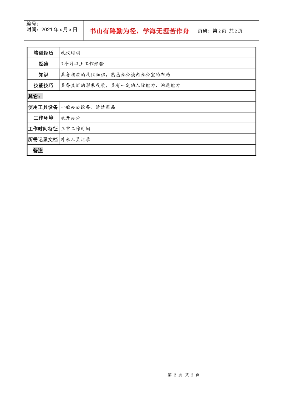 工业园办公室服务员职务说明书_第2页