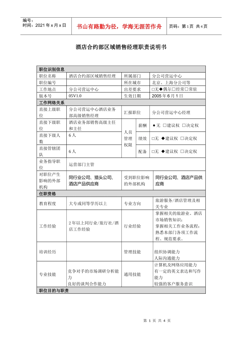 分公司酒店销售经理职责说明书_第1页