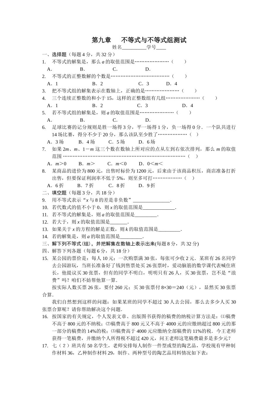 数学七年级下人教新课标第9章不等式与不等式组单元测试2 _第1页