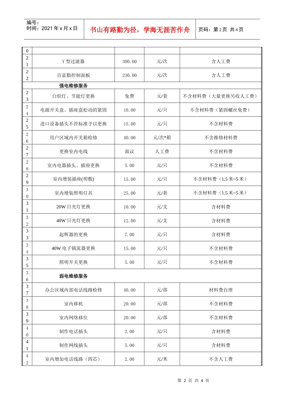 ERPOLY-FI-301-01有偿服务收费项目价格表（样表）_第2页