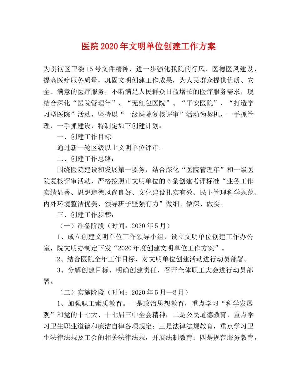 医院2020年文明单位创建工作方案 _第1页