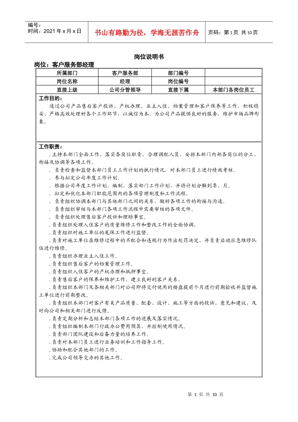 市场中心客服部岗位说明书培训资料_第1页
