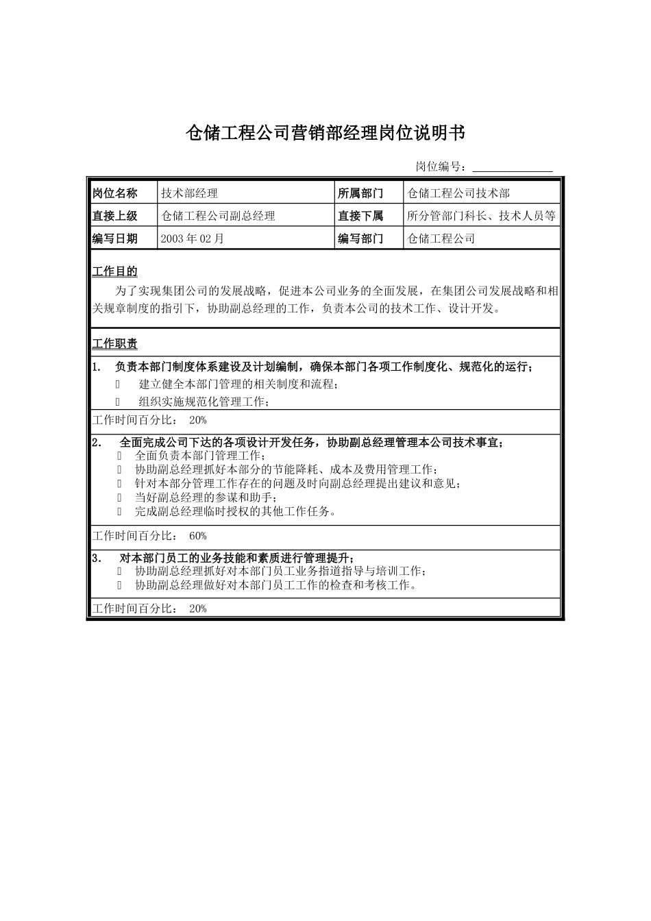 仓储工程公司营销部经理岗位说明书_第1页