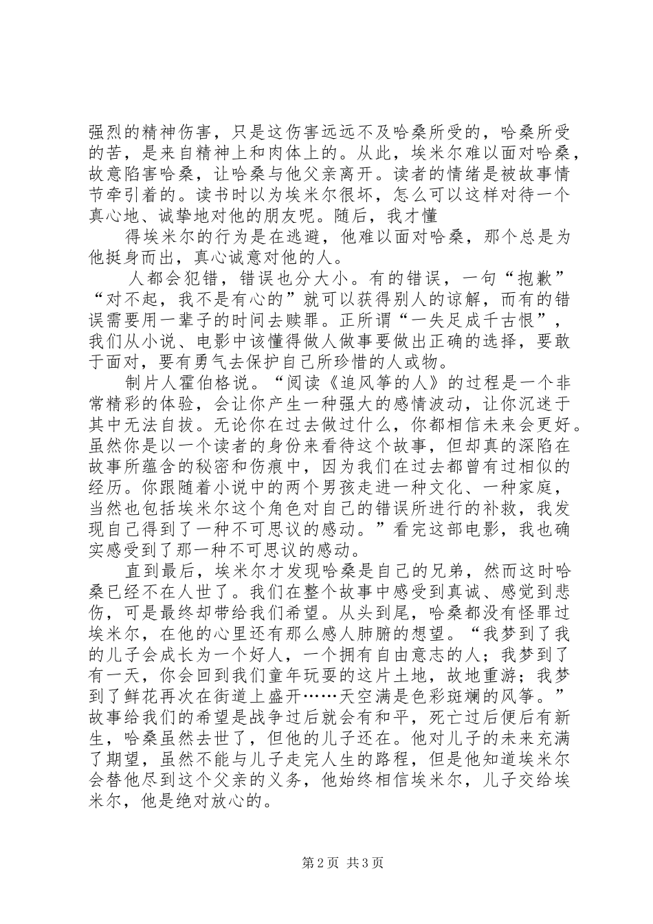 关于《追风筝的男孩》的观后感_第2页