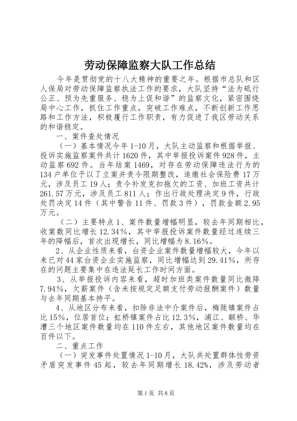 劳动保障监察大队工作总结_第1页