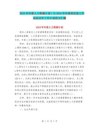 2024年年度人力资源计划1与2024年年度供应室工作总结及年工作计划范文汇编
