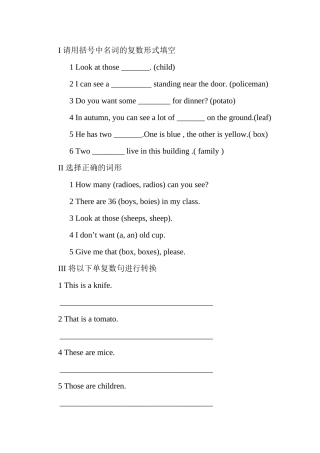 新版五年级上册名词的单复数形式复习题2 