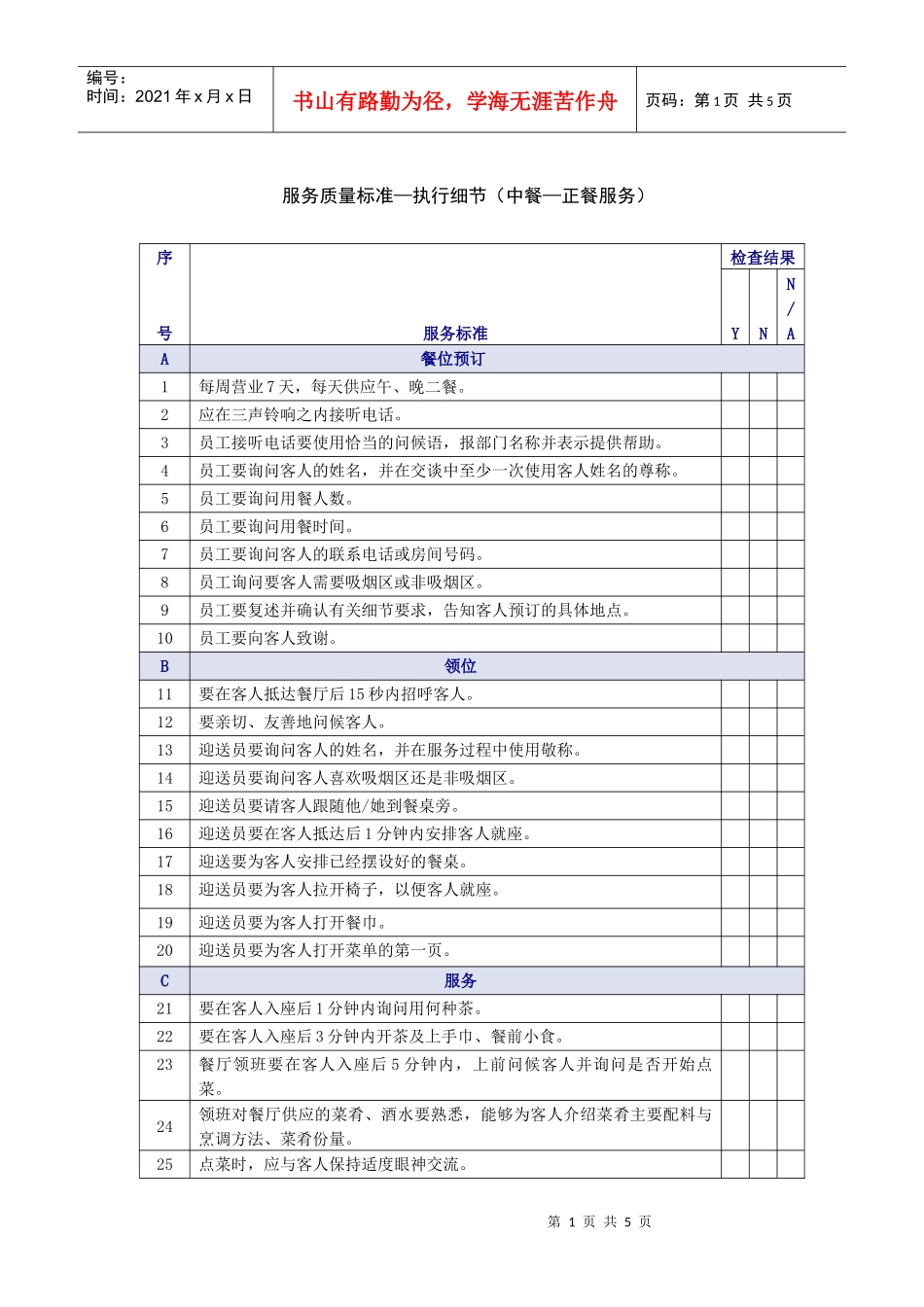 中餐正餐服务质量检查表_第1页