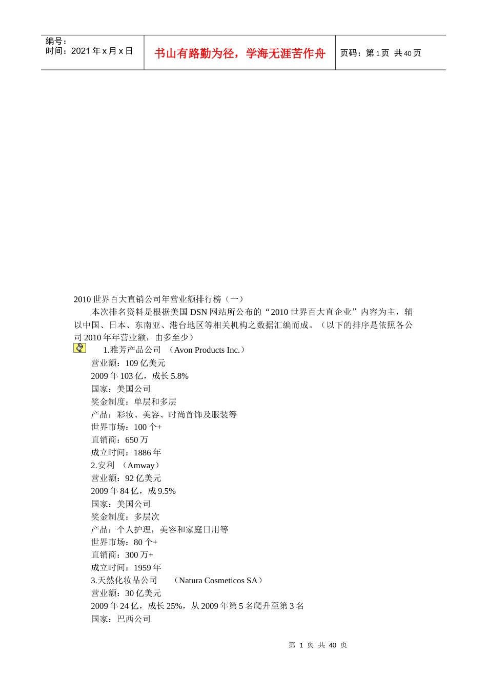 世界百大直销公司年度营业额排行榜_第1页