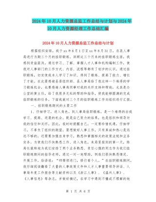 2024年10月人力资源总监工作总结与计划与2024年10月人力资源经理工作总结汇编