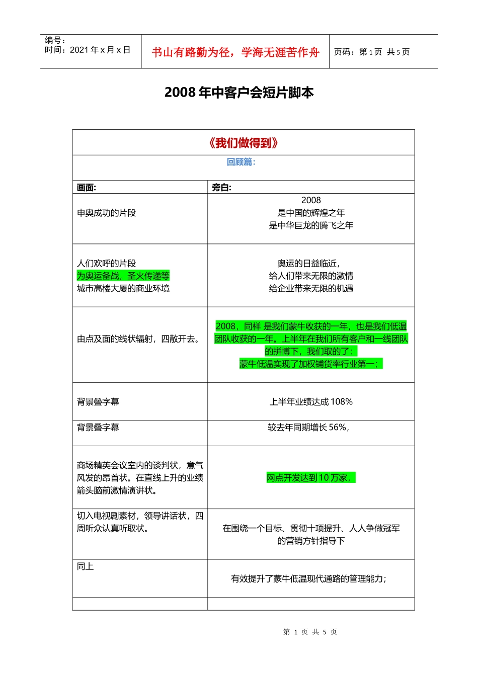 080706 蒙牛年中客户会短片文字脚本0706_第1页