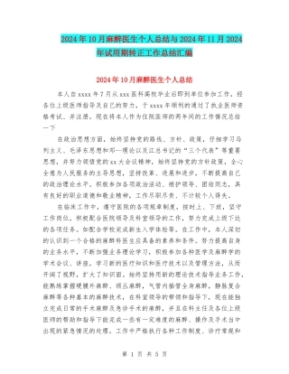 2024年10月麻醉医生个人总结与2024年11月2024年试用期转正工作总结汇编