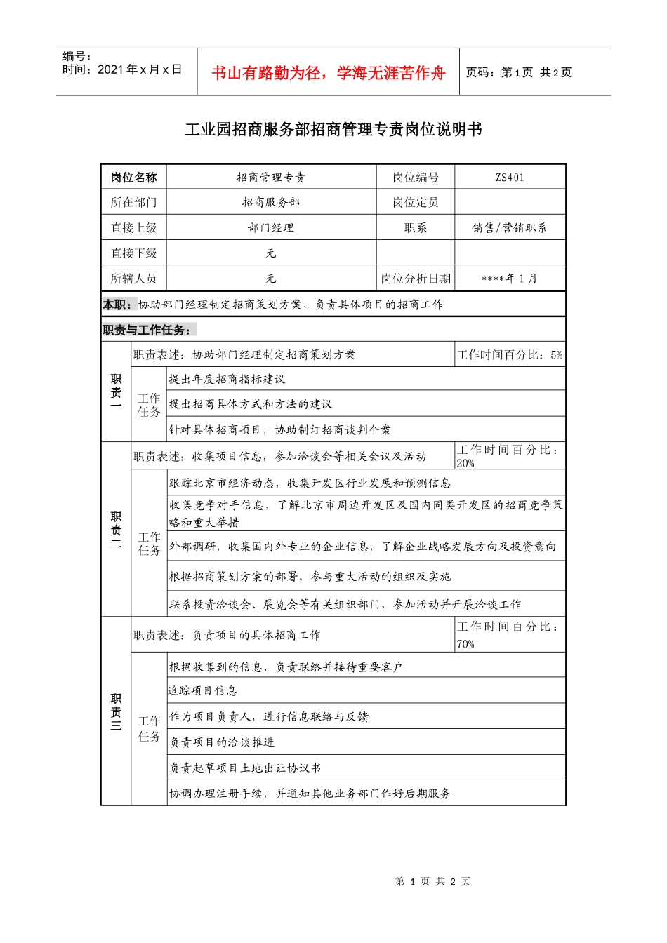 工业园招商服务部招商管理专责岗位说明书_第1页