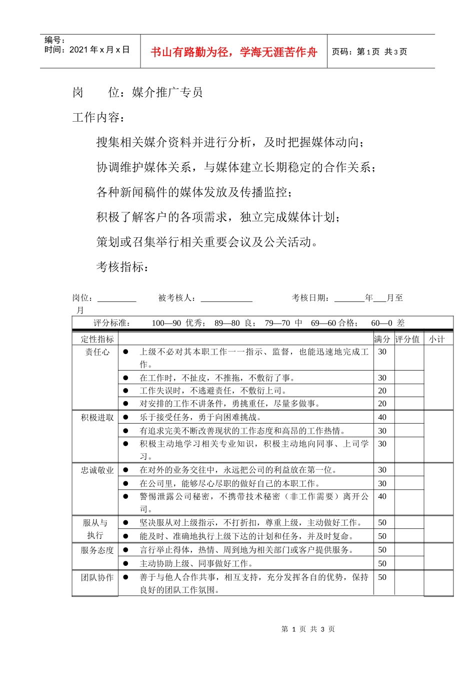岗位工作内容和年度定性考核指标-媒介推广专员_第1页