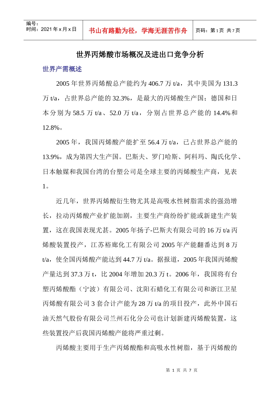 世界丙烯酸市场概况进出口竞争分析_第1页