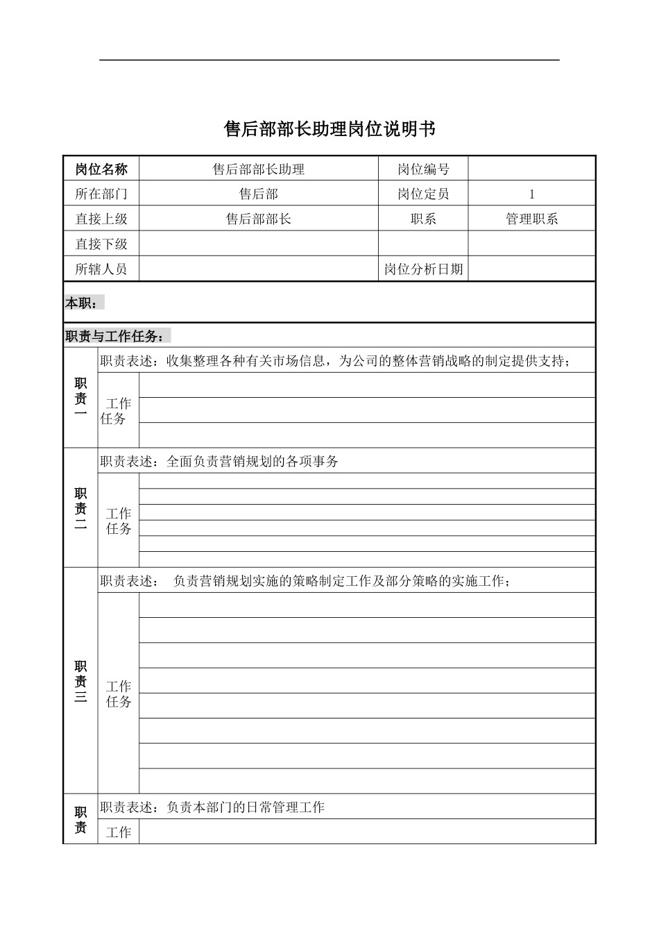 售后部部长助理岗位说明书_第1页
