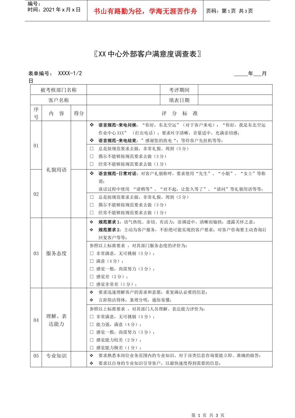 JXB015--XX中心外部客户满意度调查表_第1页