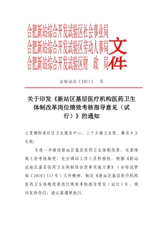 新站区基层医疗机构医药卫生体制改革岗位绩效考核指导意见(试行)