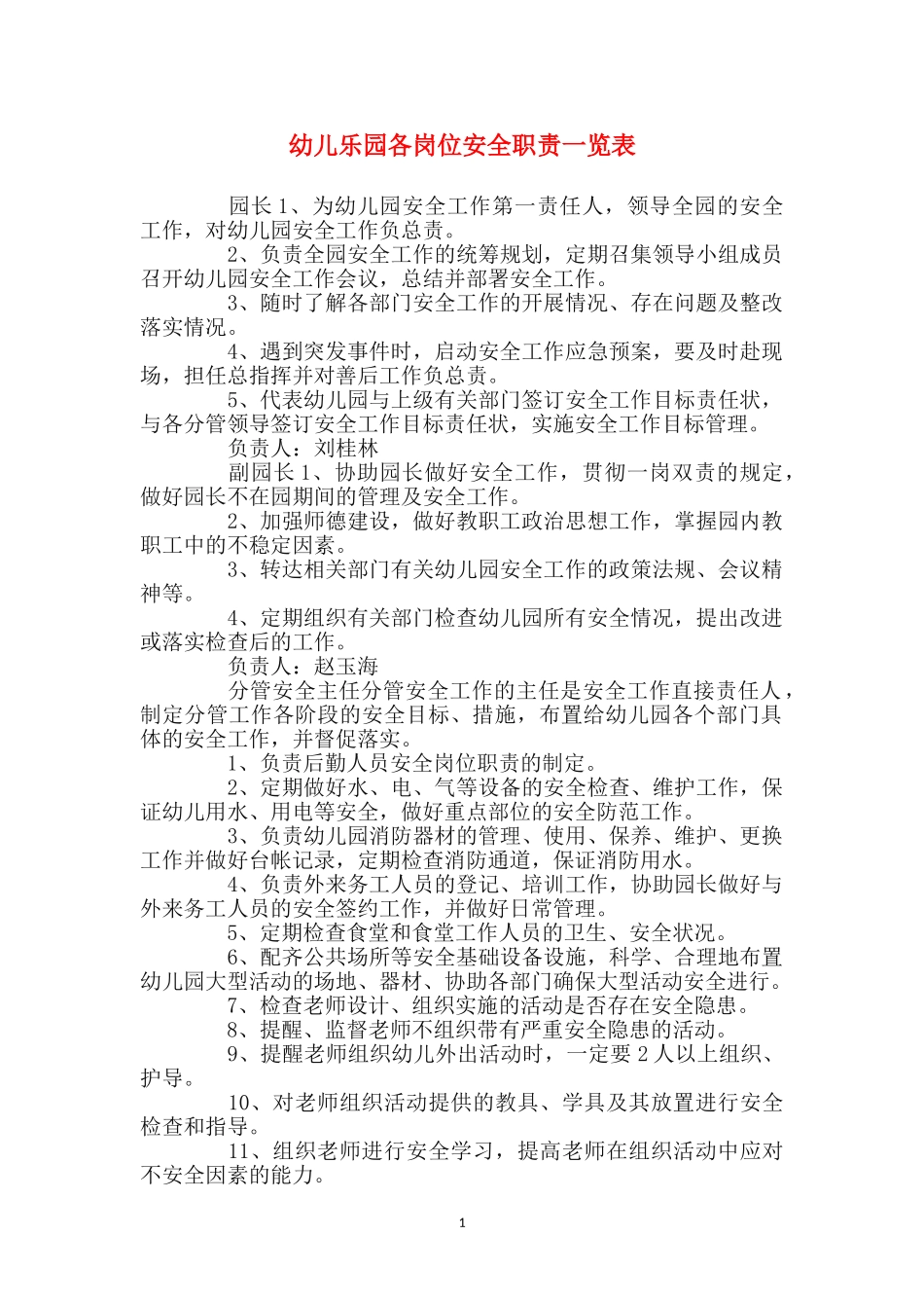 幼儿乐园各岗位安全职责一览表_第1页