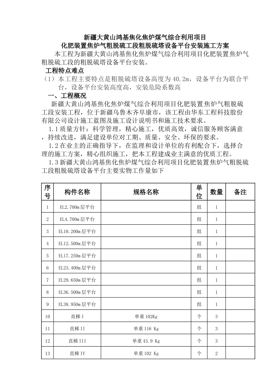 新疆大黄山鸿基焦化焦炉煤气综合利用项目粗脱硫塔平台安装施工方案_第1页
