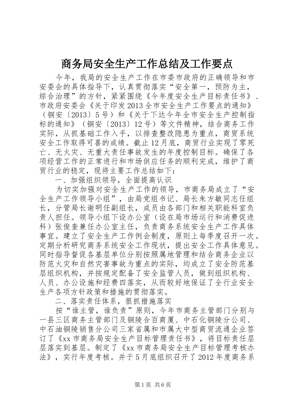 商务局安全生产工作总结及工作要点_第1页