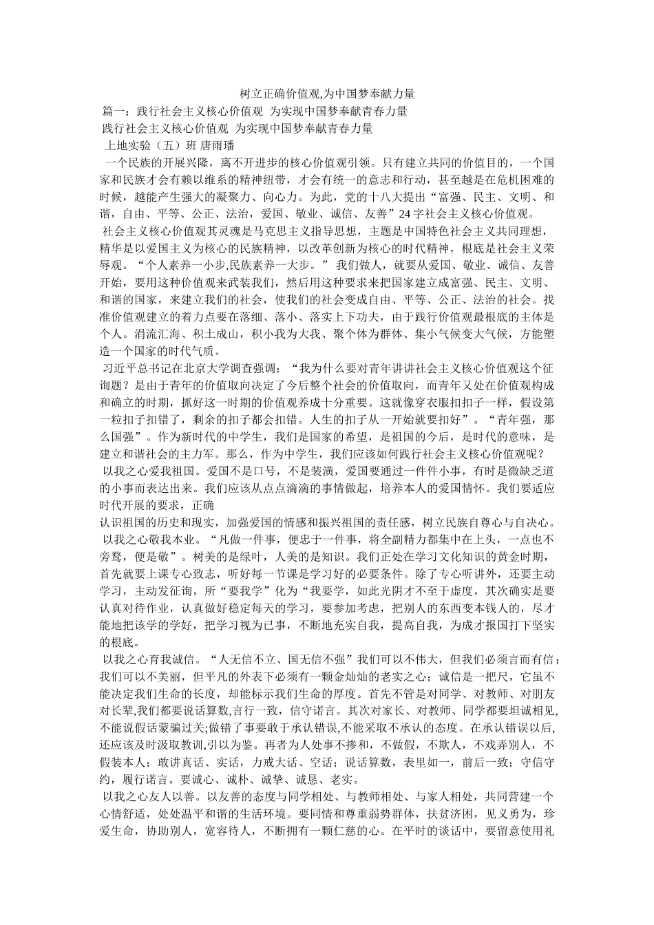 树立正确价值观,为中国梦贡献力量 _第1页