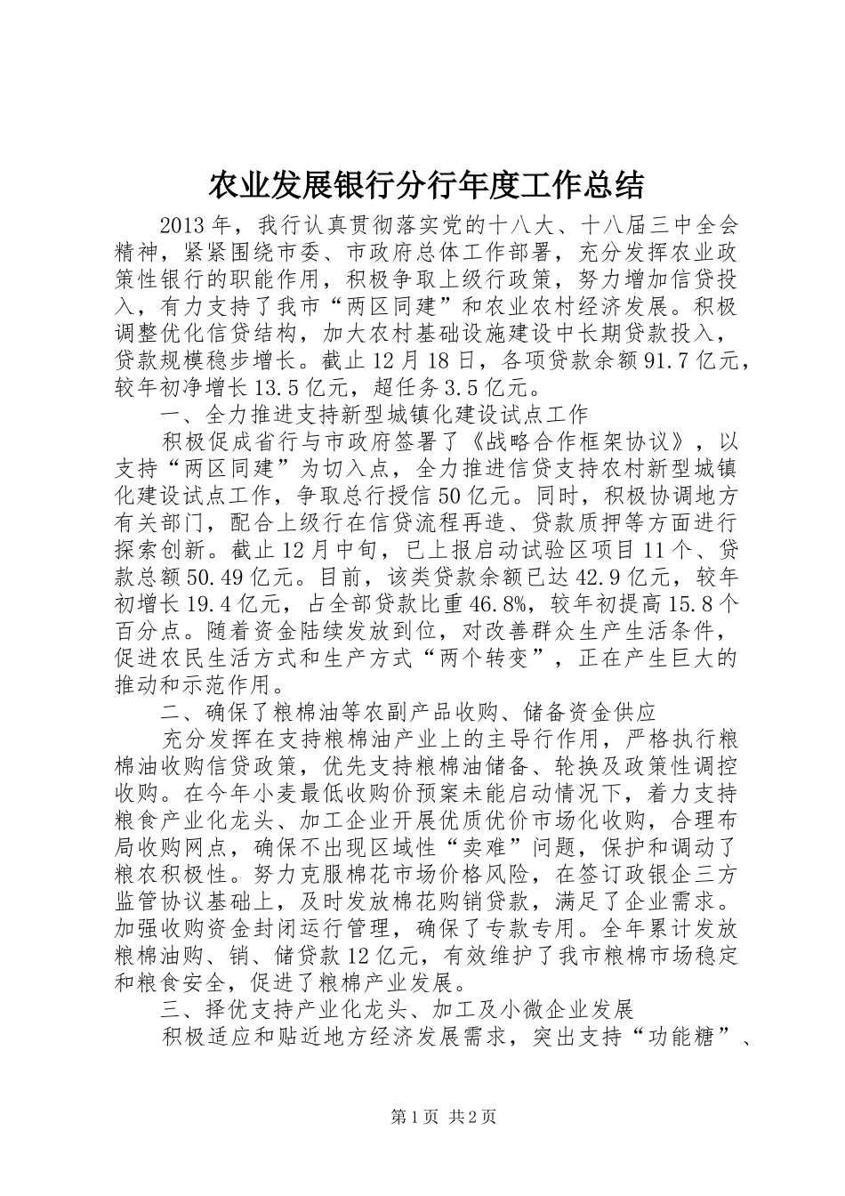 农业发展银行分行年度工作总结_第1页